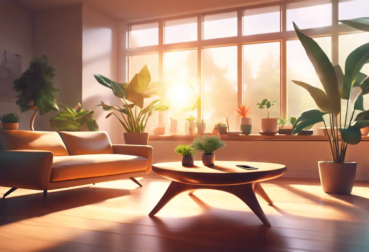 A virtual assistant device on a table in a bright living room, demonstrating voice recognition.