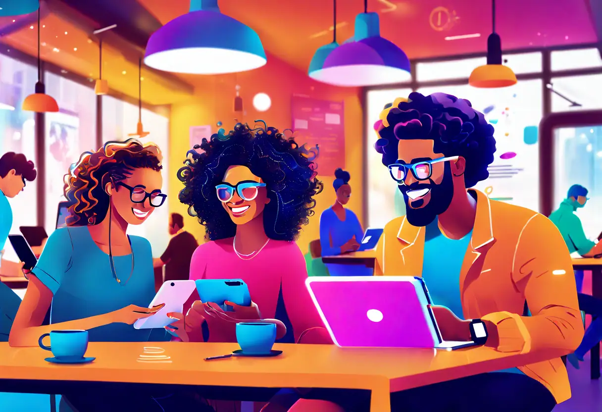 A diverse group of people using different devices in a café, highlighting multi-language support.